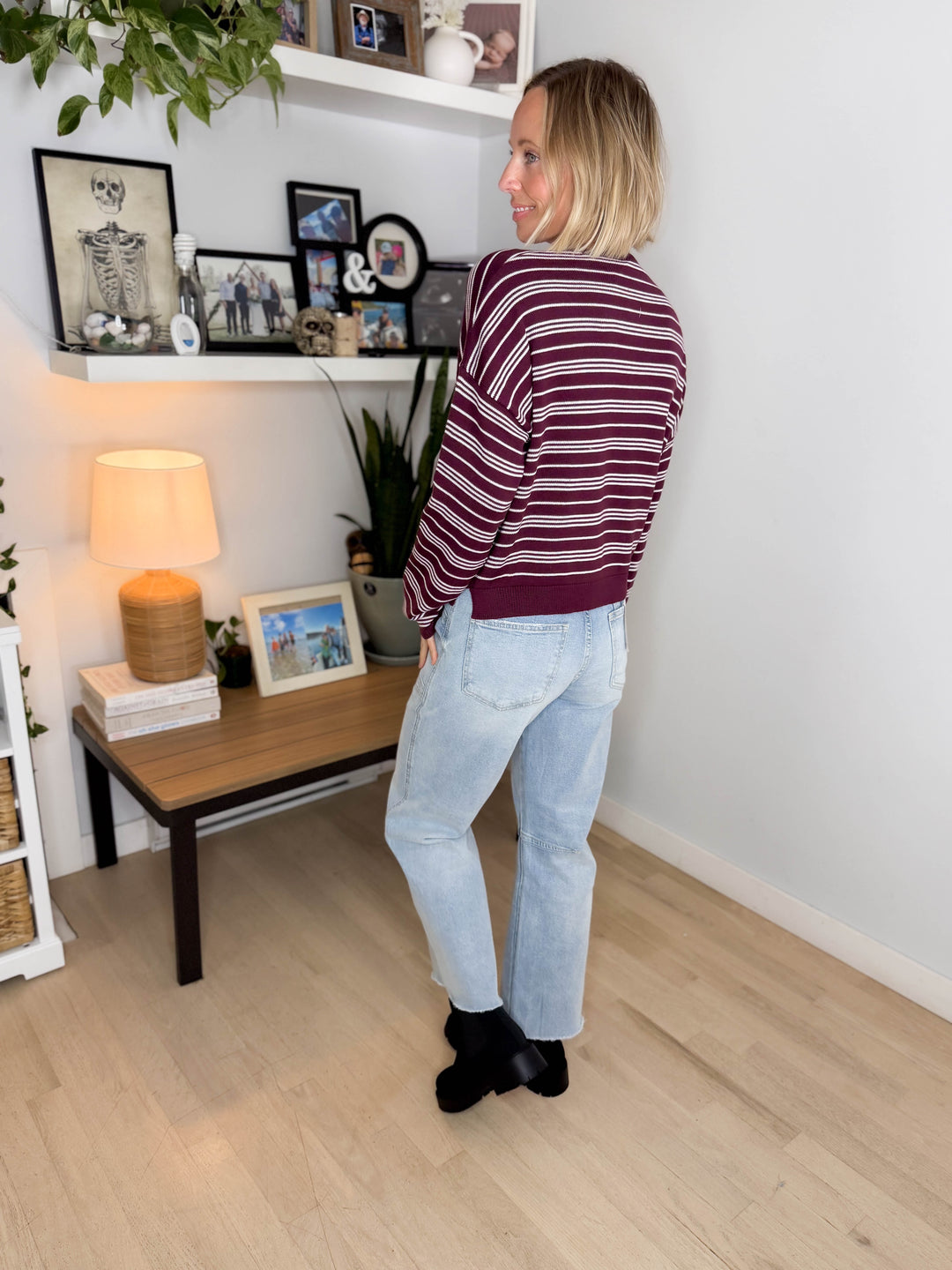 Merrit Stripe Henley Sweater- DARK CHERRY