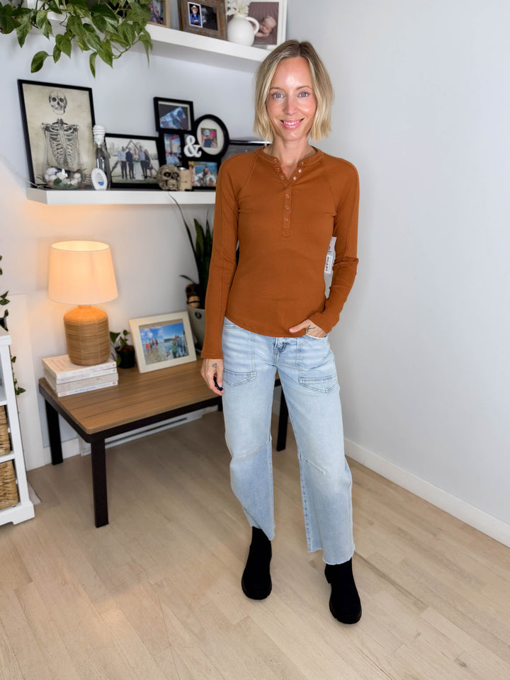 Mono B Diane Essential Long Sleeve Henley Top- GOLDEN HOUR