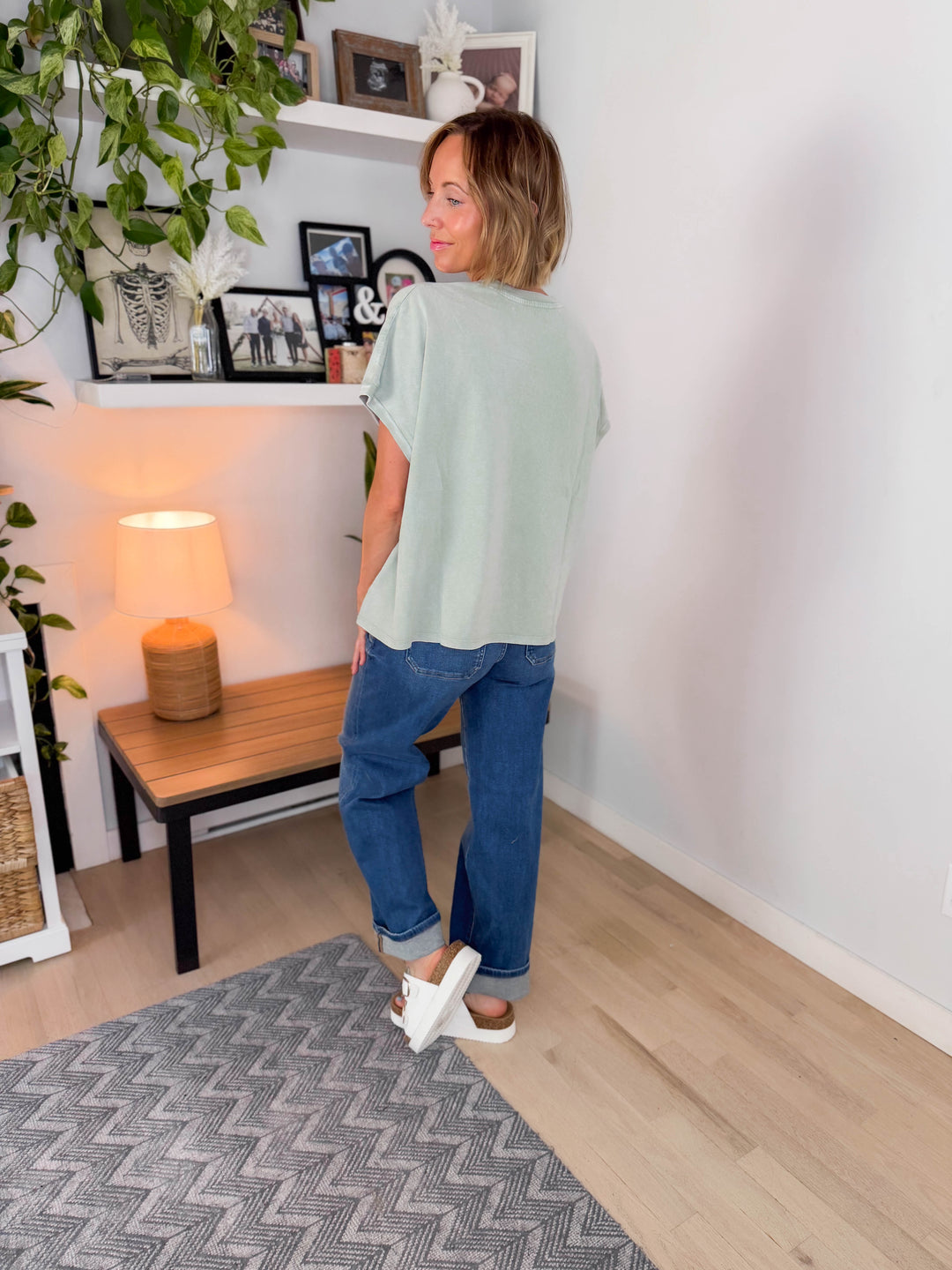 Senara Washed Cotton Cap Sleeve Tee- SAGE GREEN