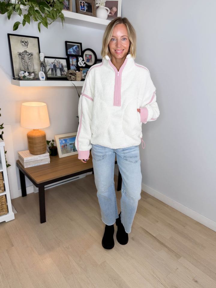 Salem Sherpa Mock Neck Quarter Zip Jacket- IVORY/DUSTY PINK
