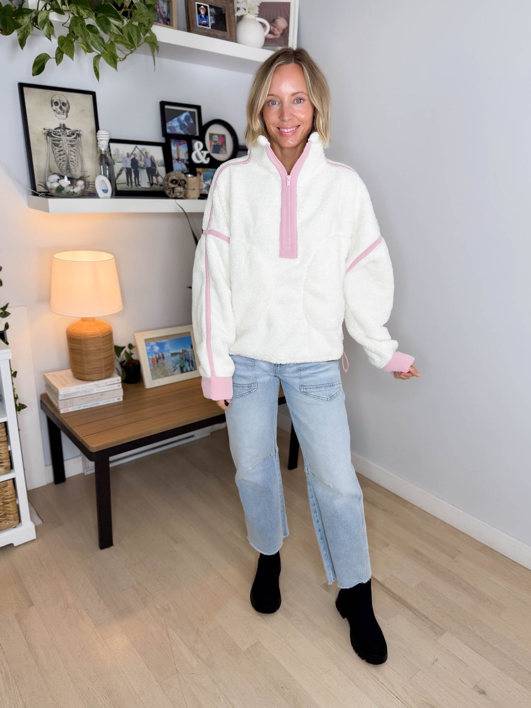 Salem Sherpa Mock Neck Quarter Zip Jacket- IVORY/DUSTY PINK