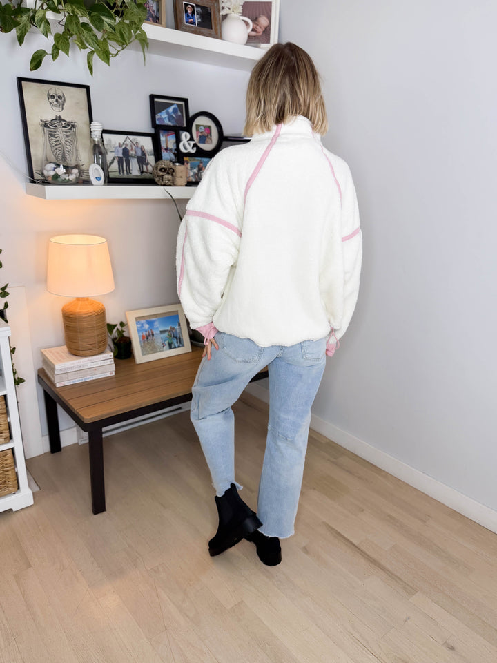 Salem Sherpa Mock Neck Quarter Zip Jacket- IVORY/DUSTY PINK