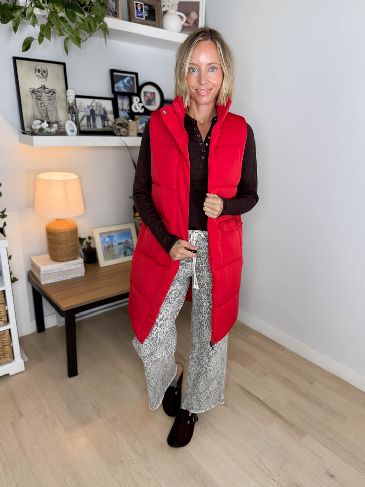 Norah Mock Neck Long Vest- RED