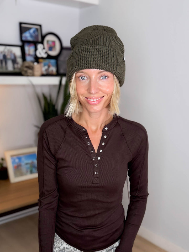 CC Waffle Knit Cuff Beanie- OLIVE