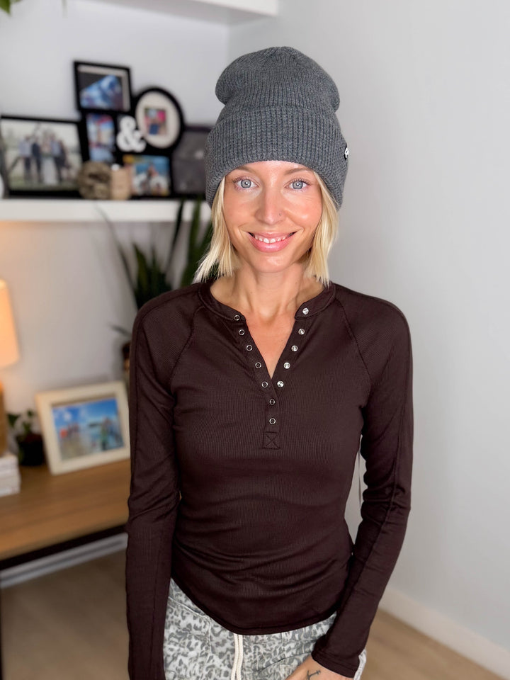 CC Waffle Knit Cuff Beanie- DARK MELANGE GREY