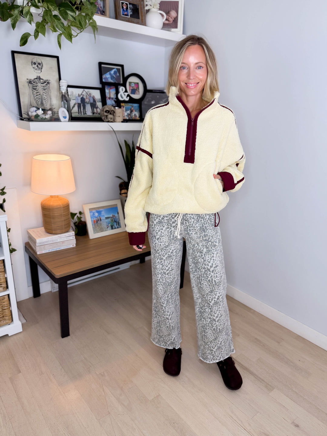 Salem Sherpa Mock Neck Quarter Zip Jacket- LEMONILLA/DARK CHERRY