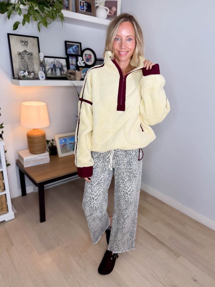Salem Sherpa Mock Neck Quarter Zip Jacket- LEMONILLA/DARK CHERRY