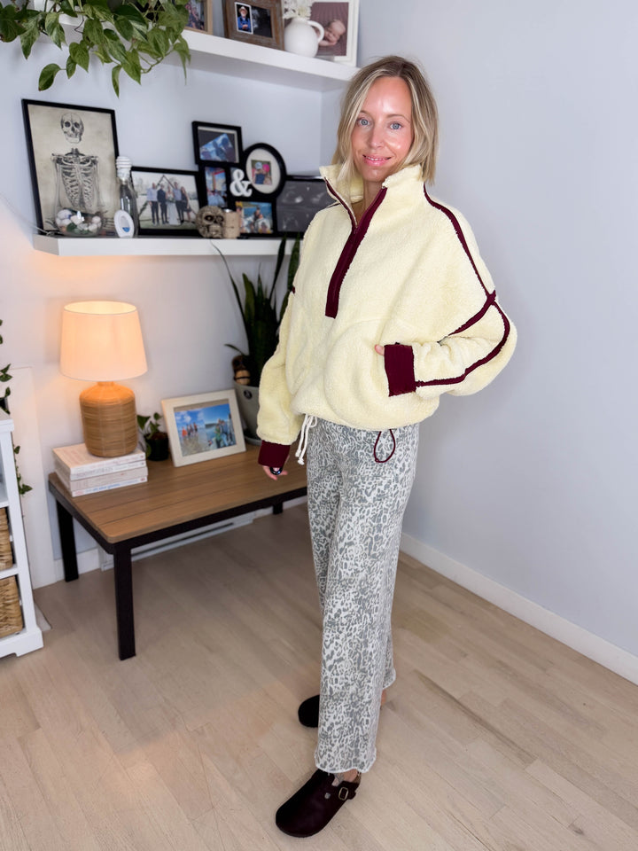 Salem Sherpa Mock Neck Quarter Zip Jacket- LEMONILLA/DARK CHERRY