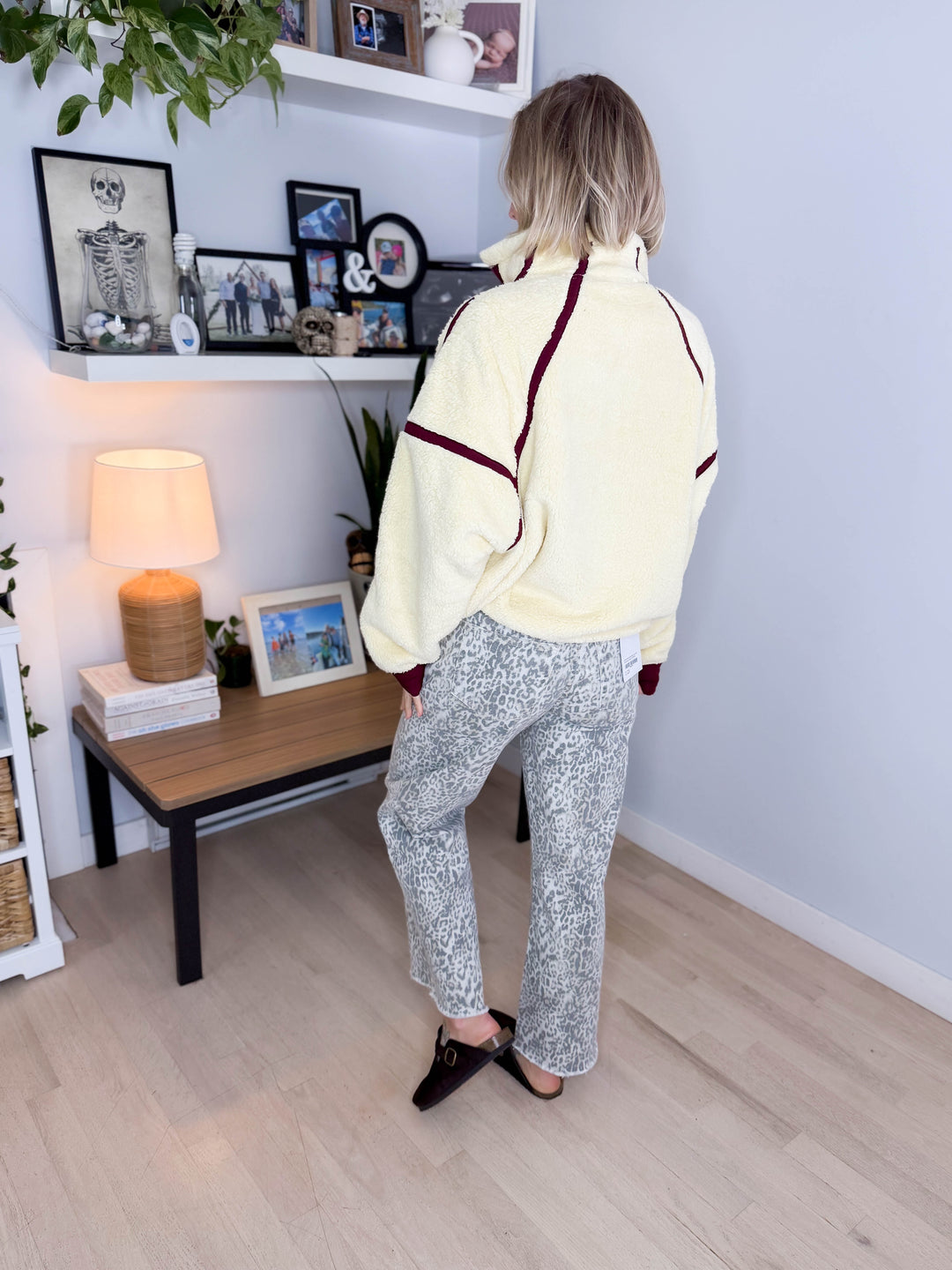 Salem Sherpa Mock Neck Quarter Zip Jacket- LEMONILLA/DARK CHERRY