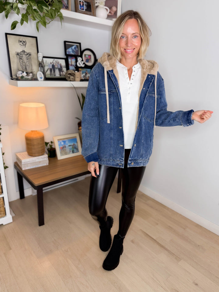 Romilly Button Down Faux Fur Hooded Denim Jacket- MEDIUM WASH