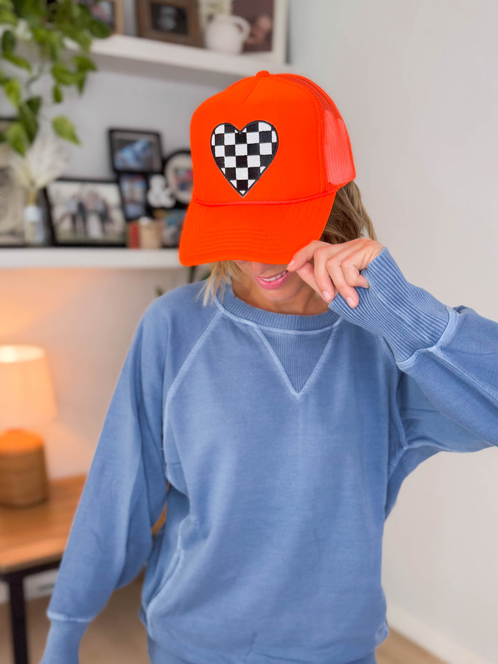 Checkered Heart Patch Trucker Hat- NEON ORANGE