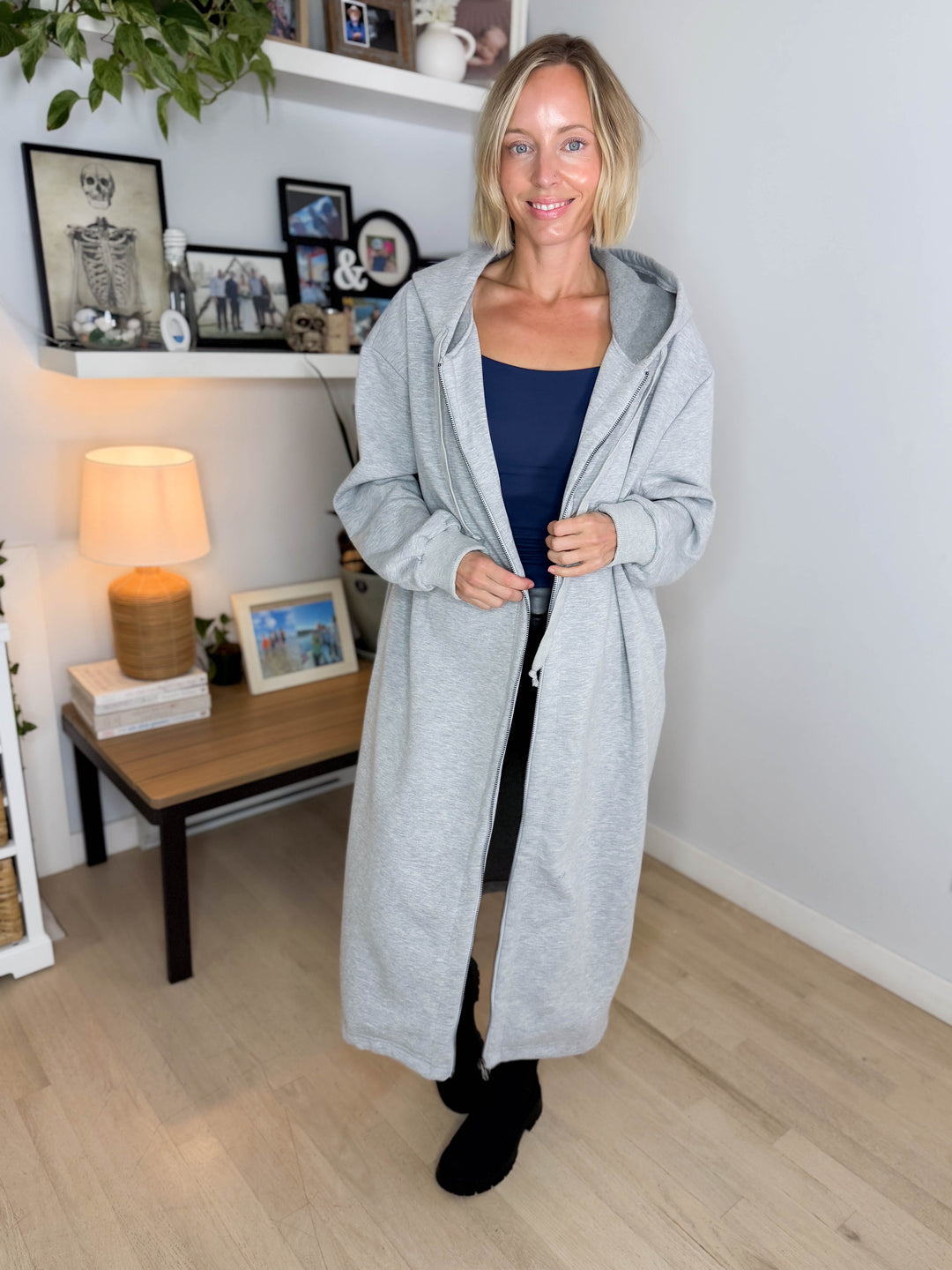 Mavis Hooded Full Zip Coatigan- HEATHER GREY