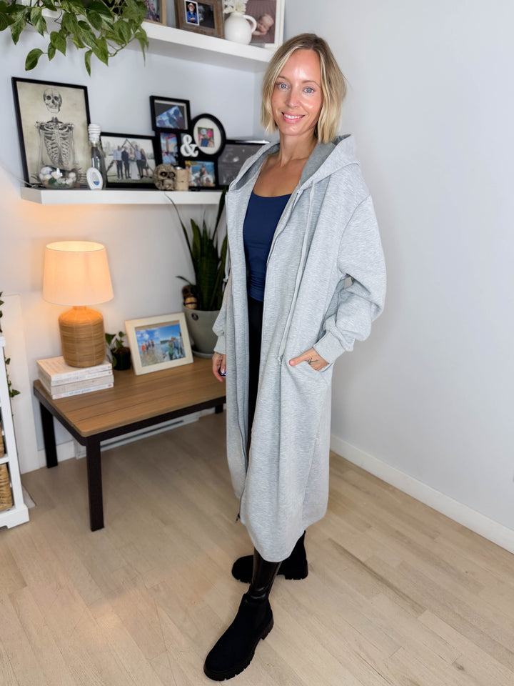 Mavis Hooded Full Zip Coatigan- HEATHER GREY