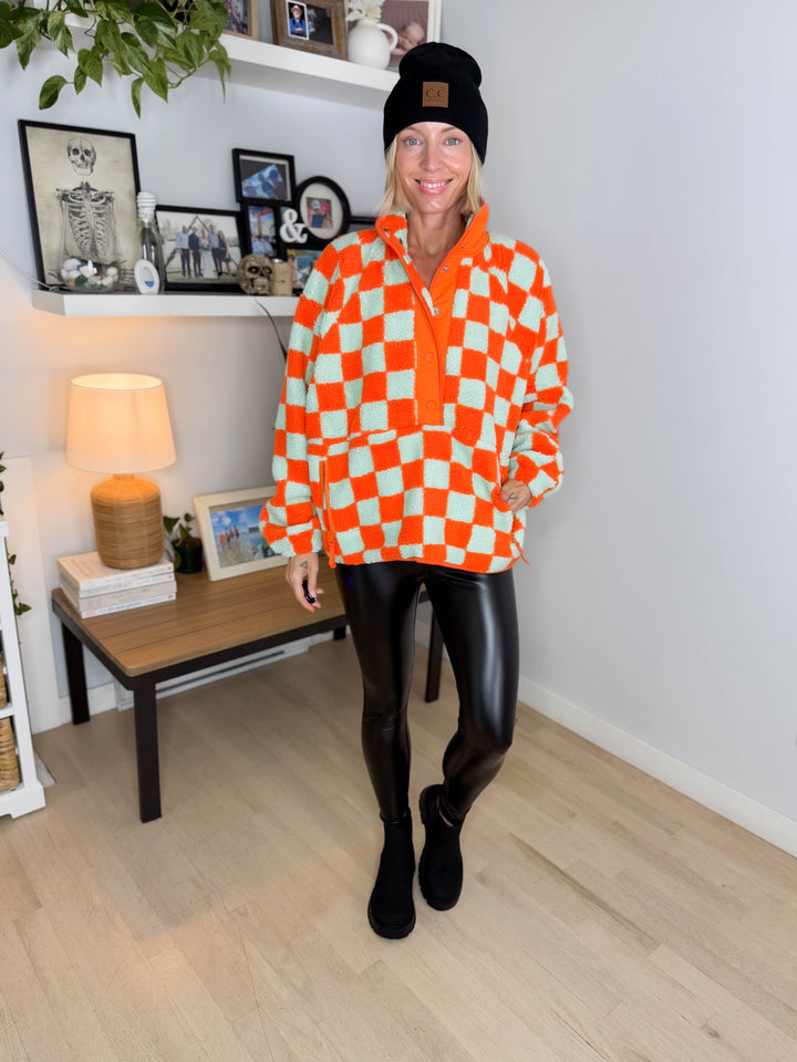 Martha Checkered Fleece 1/2 Snap Pullover- ORANGE/LIGHT BLUE