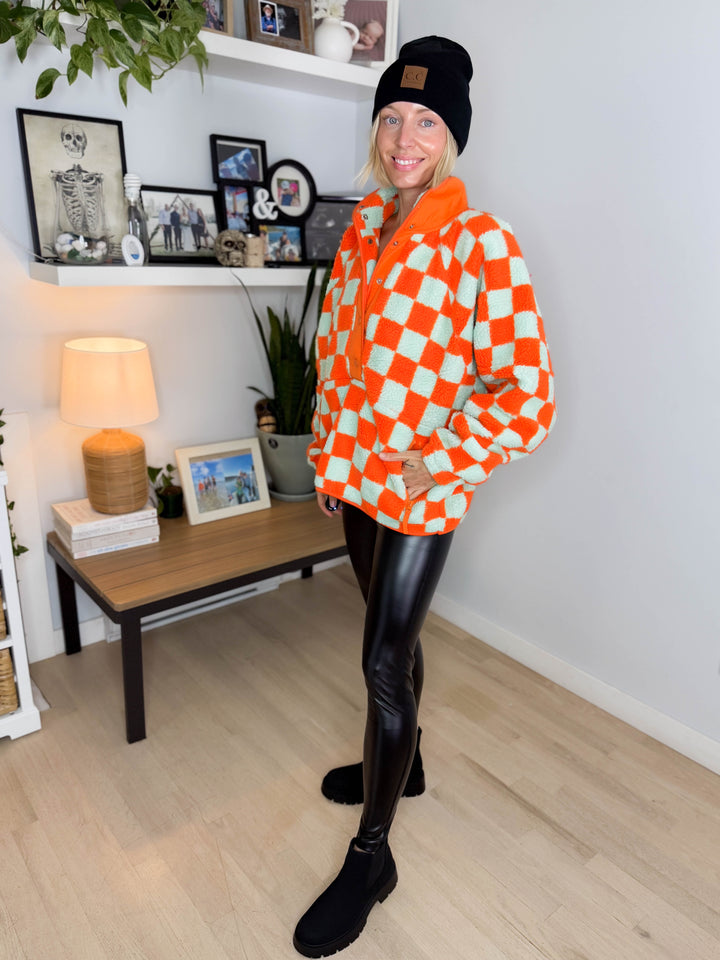 Martha Checkered Fleece 1/2 Snap Pullover- ORANGE/LIGHT BLUE