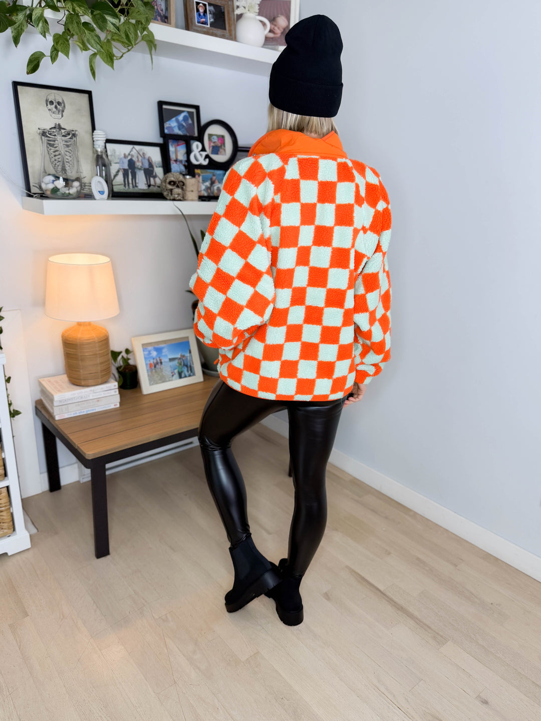 Martha Checkered Fleece 1/2 Snap Pullover- ORANGE/LIGHT BLUE