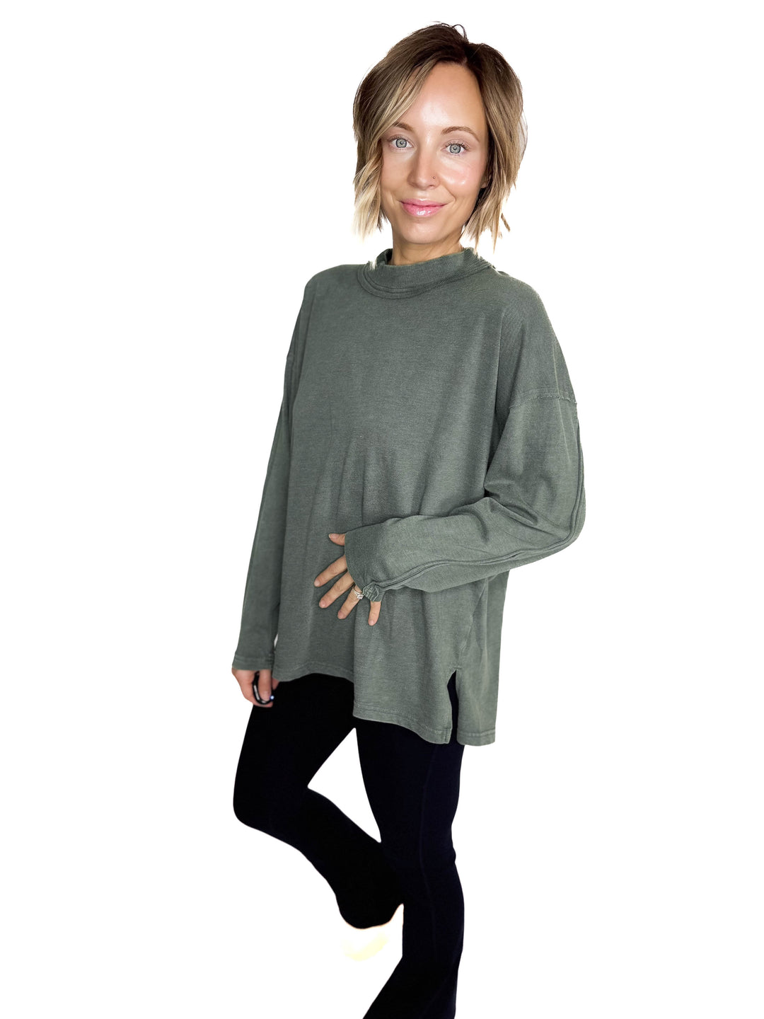 Collete Cotton Blend Mock Neck- REGENCY GREEN