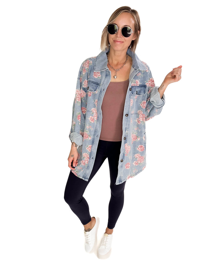 Shylah Floral Print Washed Denim Shacket- LIGHT