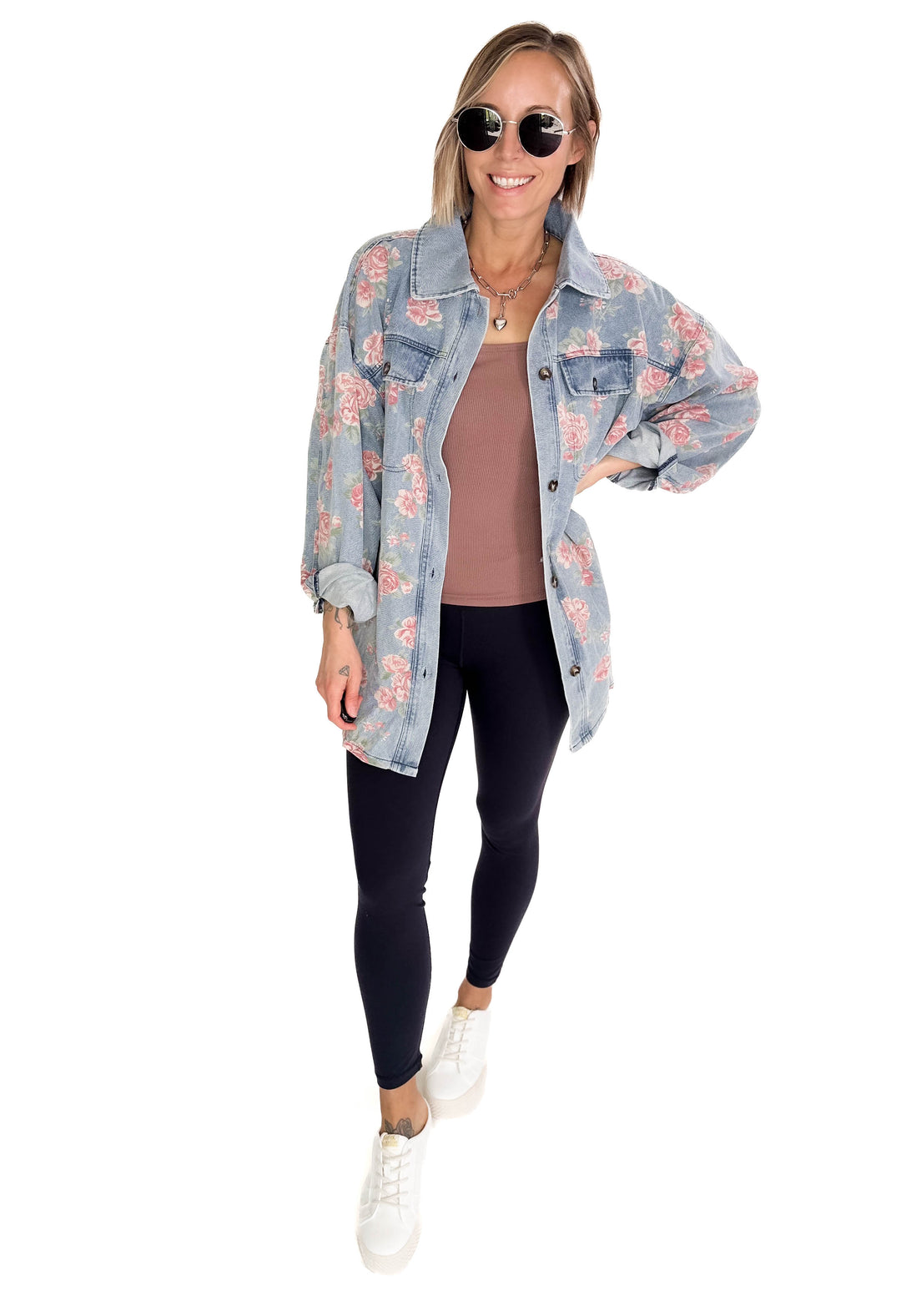 Shylah Floral Print Washed Denim Shacket- LIGHT