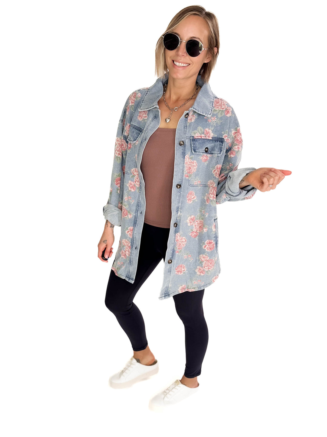 Shylah Floral Print Washed Denim Shacket- LIGHT