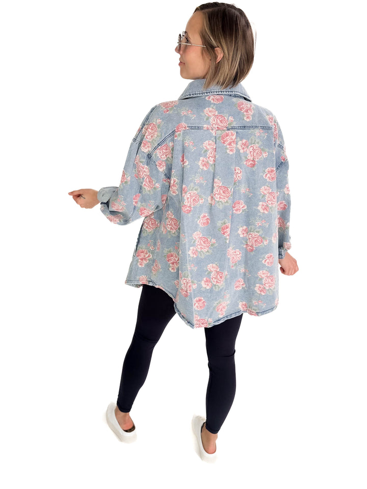 Shylah Floral Print Washed Denim Shacket- LIGHT