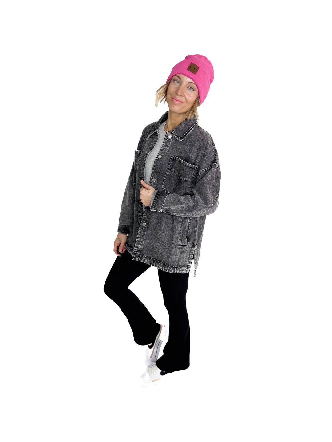 Nikki Button Down Denim Jacket- WASHED BLACK