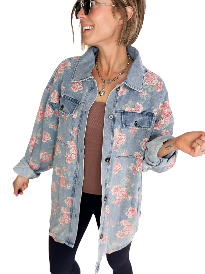 Shylah Floral Print Washed Denim Shacket- LIGHT