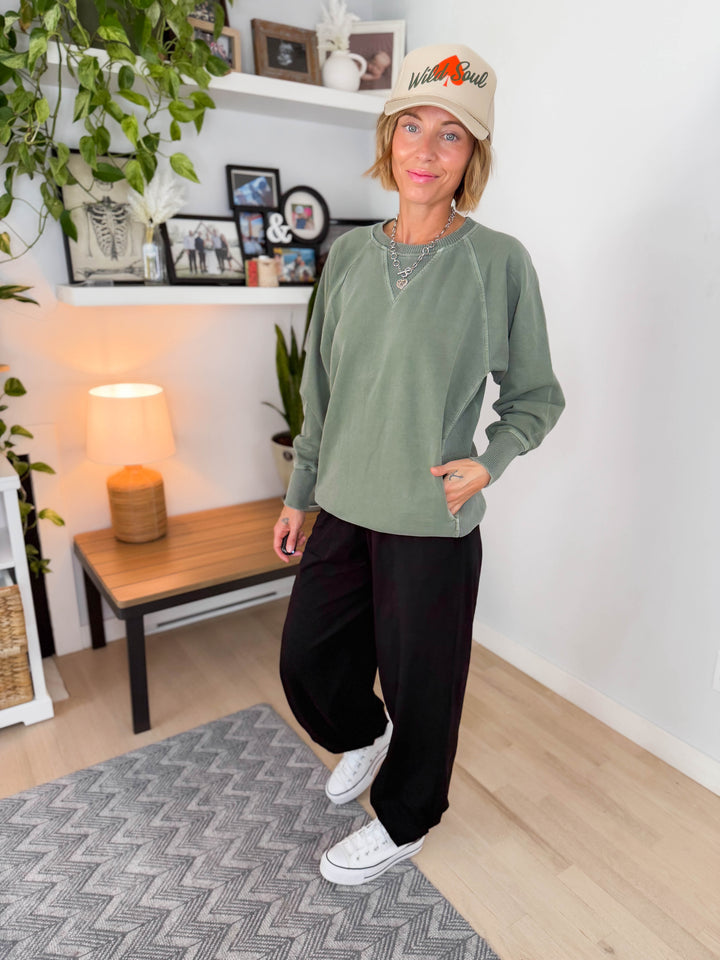 Juliet Washed Tunic Sweatshirt- ARMY GREEN
