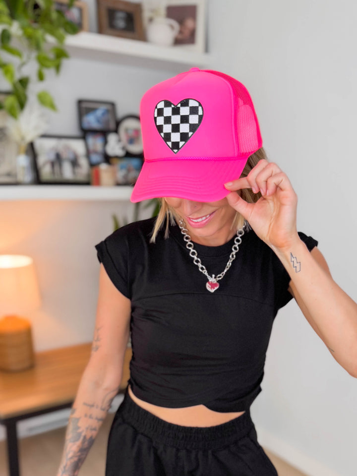 Checkered Heart Patch Trucker Hat- NEON PINK