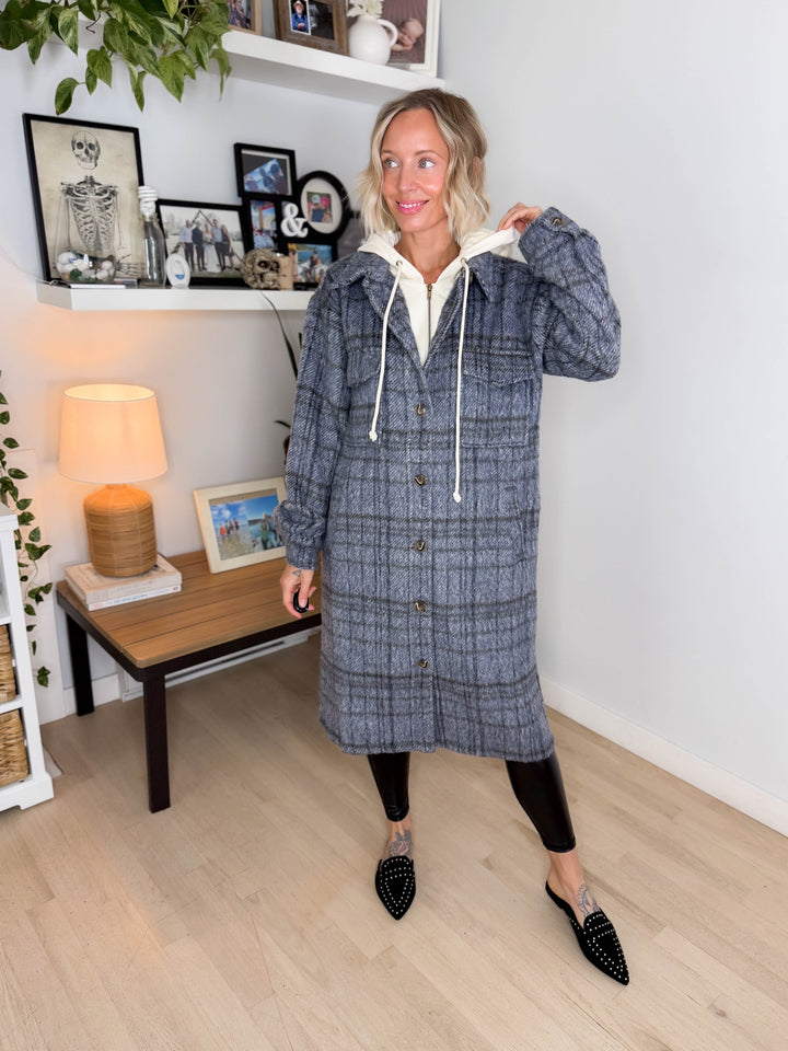 Glinda Twofer Hoodie Plaid Jacket- CHARCOAL BLUE COMBO