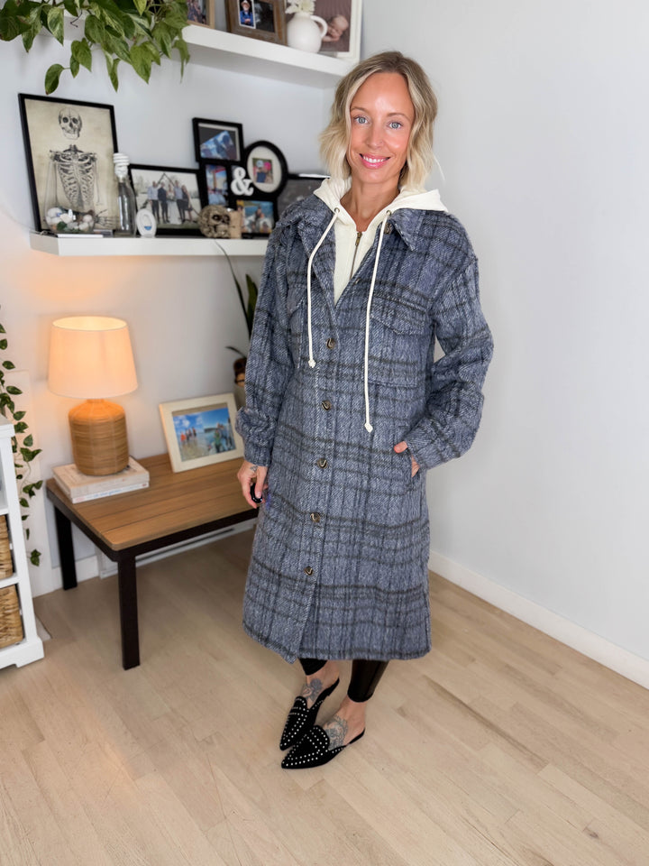 Glinda Twofer Hoodie Plaid Jacket- CHARCOAL BLUE COMBO