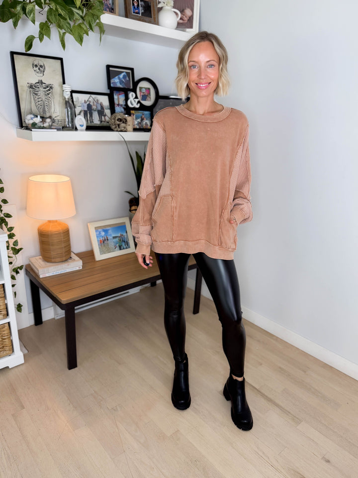Jemma Thermal Mix Mineral Wash Pullover- ALMOND