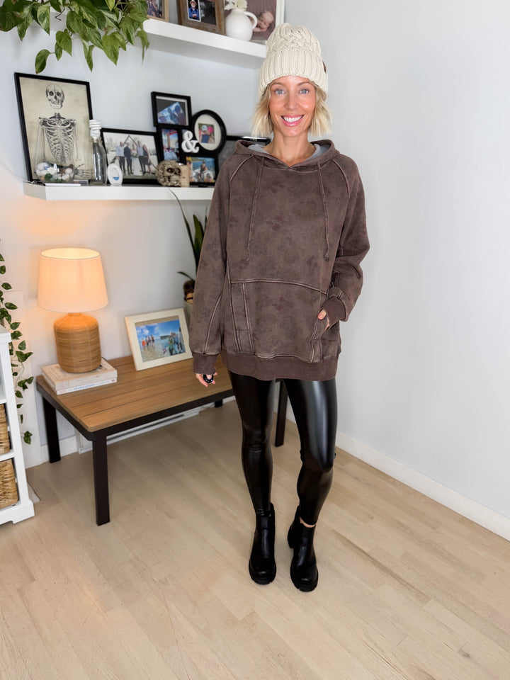 Leana Vintage Floral Fleece Hoodie- CHOCOLATE BROWN