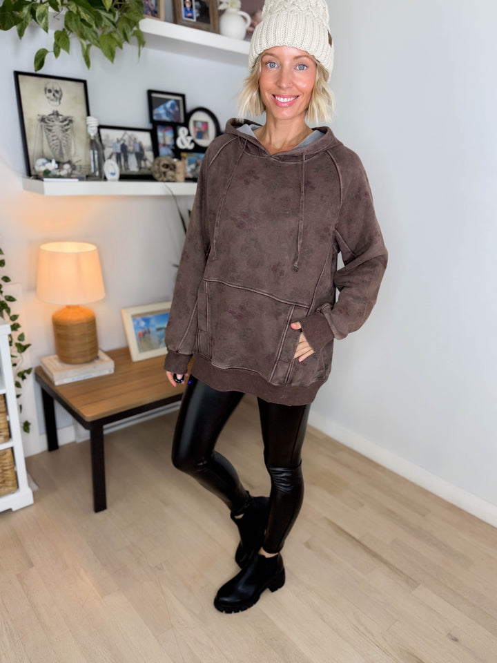 Leana Vintage Floral Fleece Hoodie- CHOCOLATE BROWN