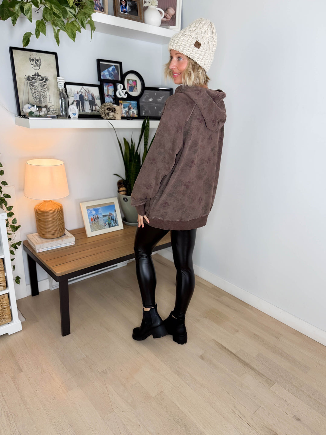 Leana Vintage Floral Fleece Hoodie- CHOCOLATE BROWN