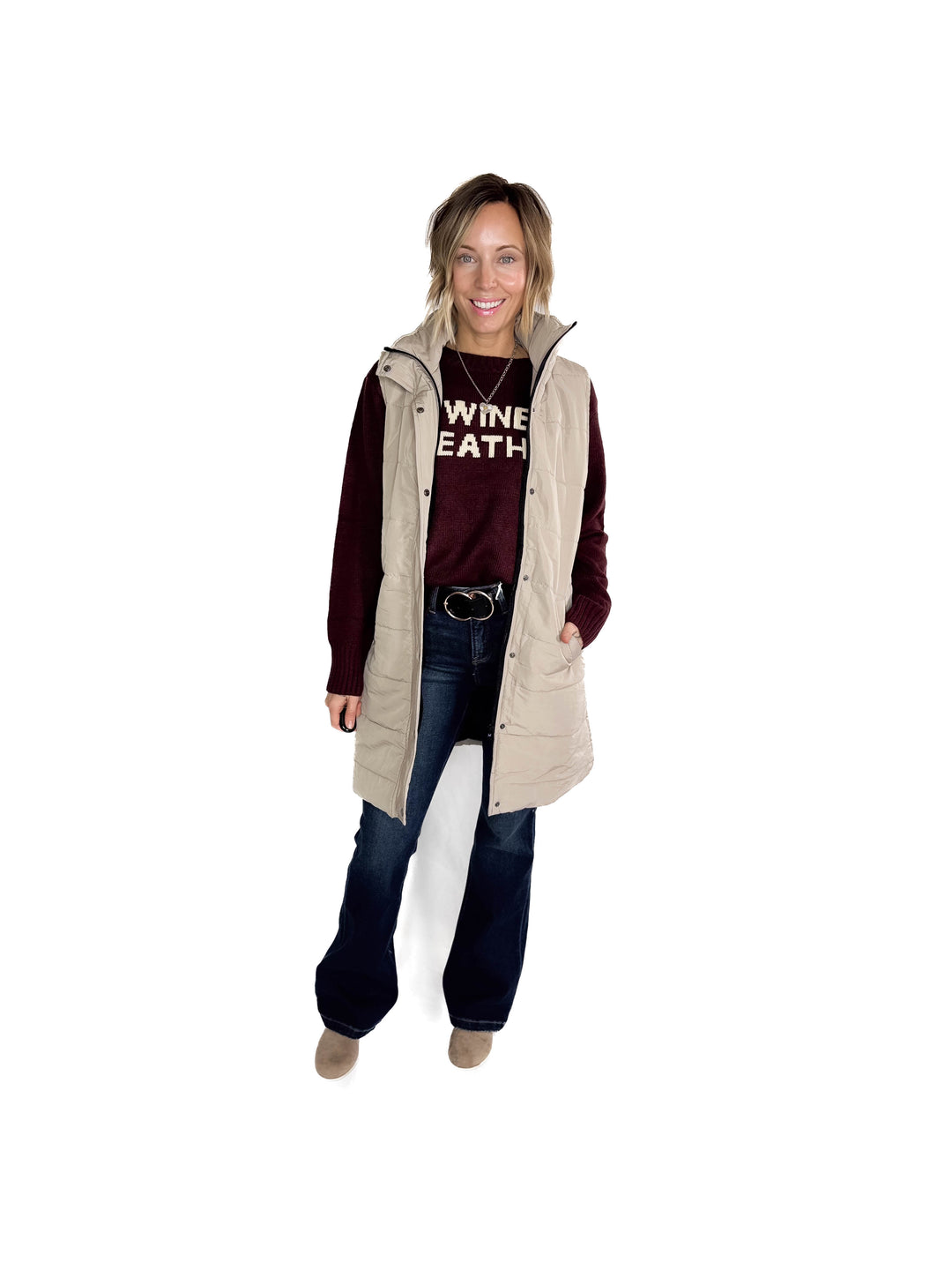 MICHELLE MAE Harlow Cling-Free Longline Vest- LATTE