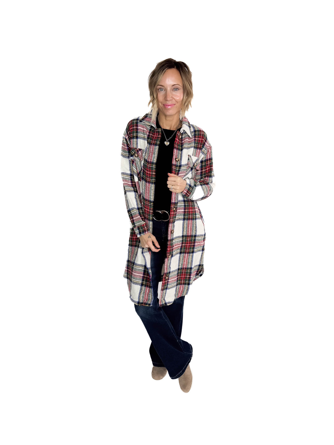 Mrs. Claus Plaid Shacket- RED MULTI