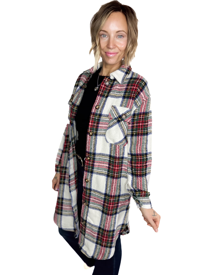 Mrs. Claus Plaid Shacket- RED MULTI