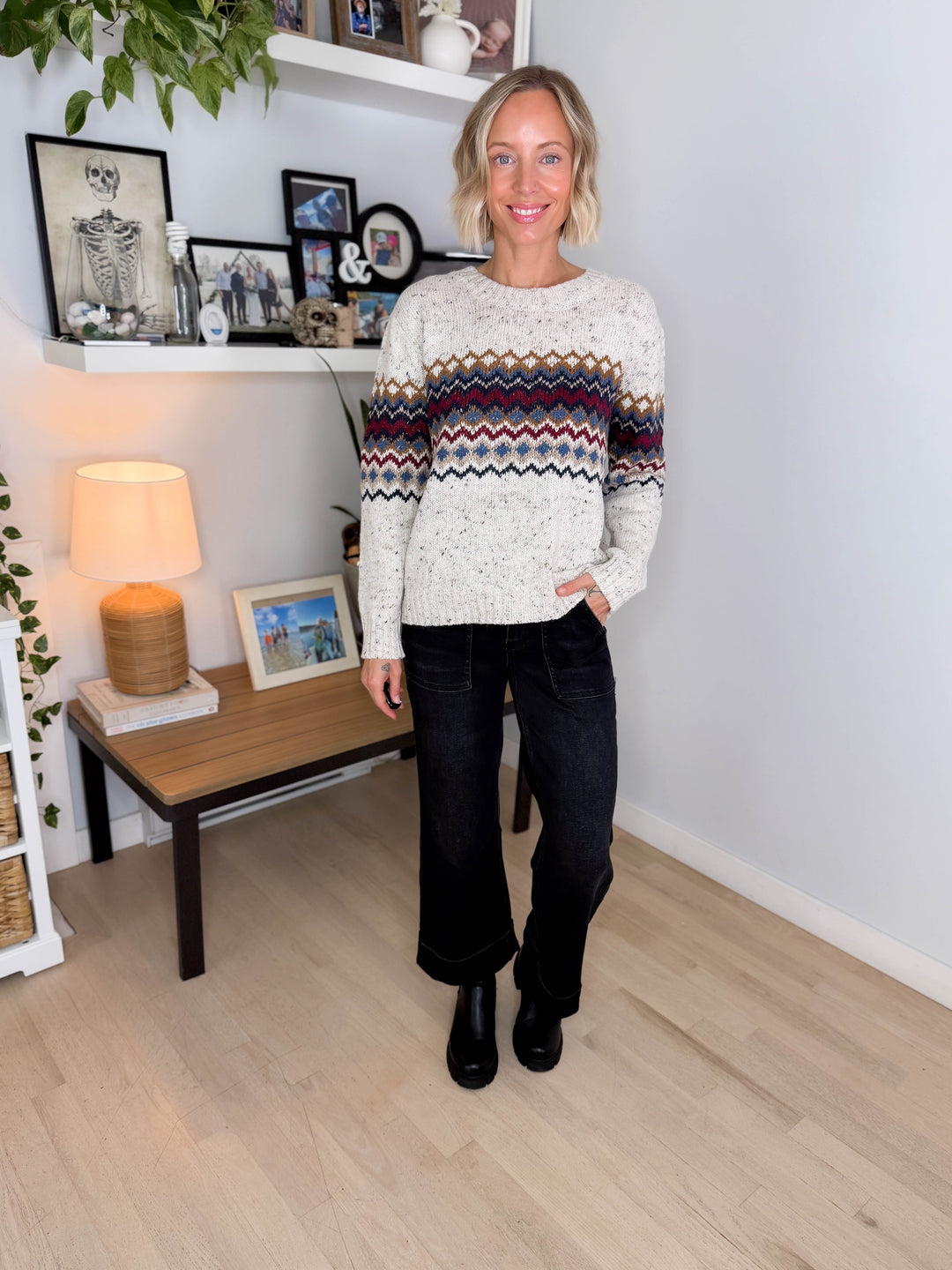 Della Chunky Knit Fairisle Sweater- DENIM MIX