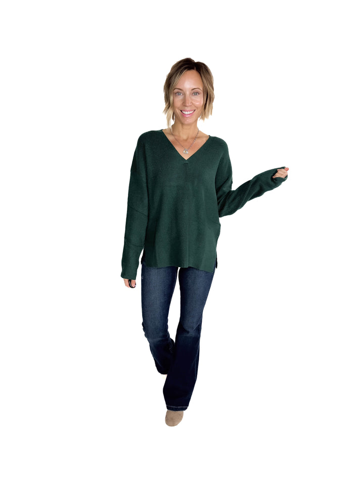 Jillian Knit V-Neck Drop Shoulder Sweater- TEAL GREEN