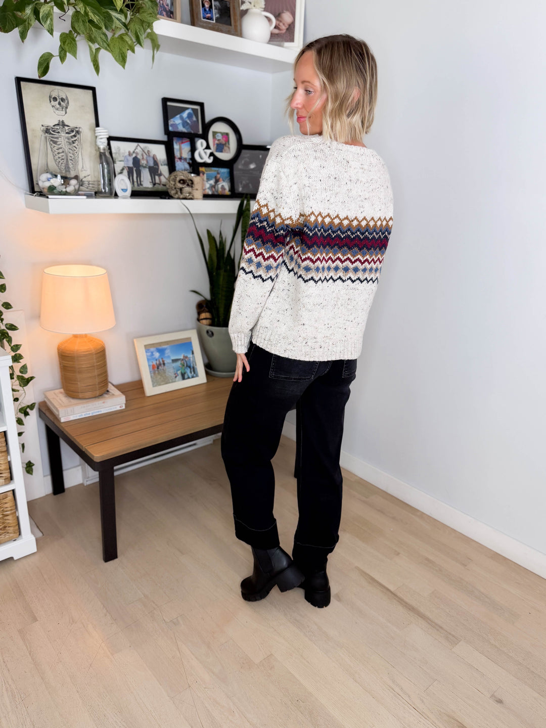 Della Chunky Knit Fairisle Sweater- DENIM MIX