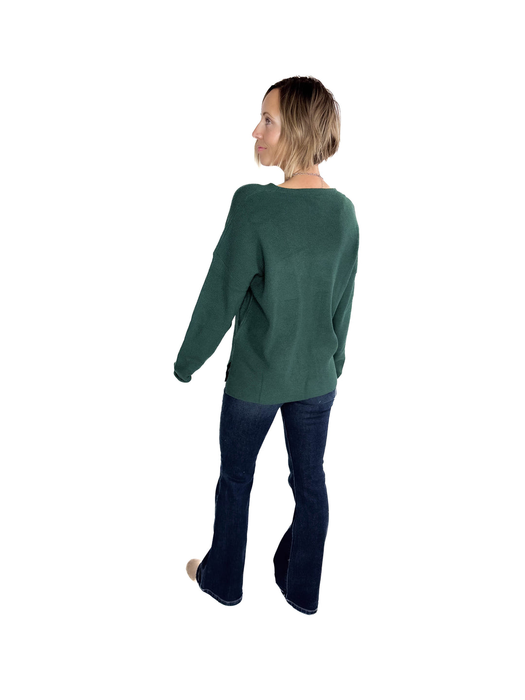 Jillian Knit V-Neck Drop Shoulder Sweater- TEAL GREEN