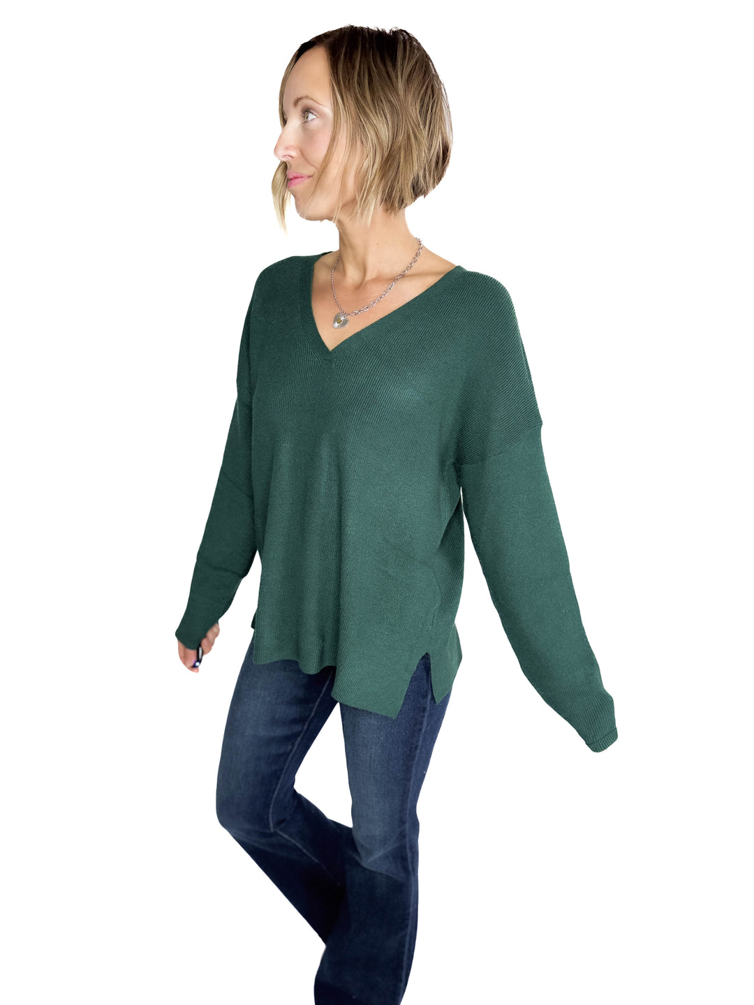 Jillian Knit V-Neck Drop Shoulder Sweater- TEAL GREEN