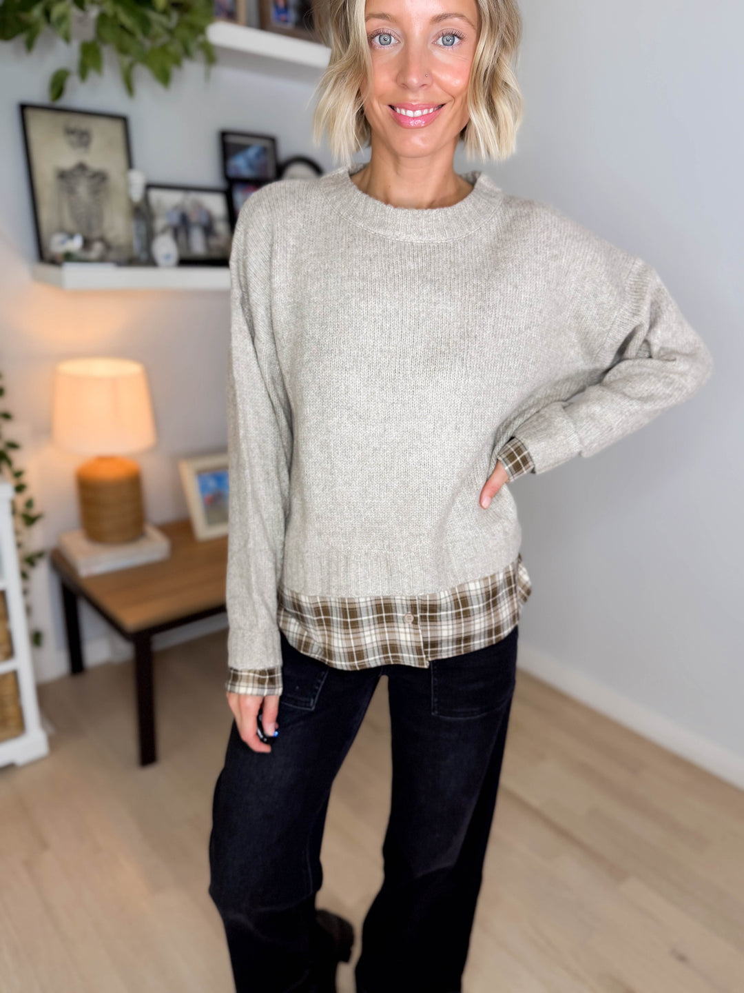 Easton Faux Layered Look Sweater- TAUPE