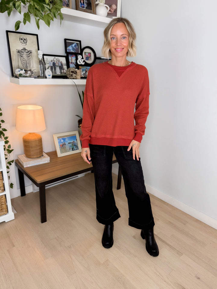 Flurry Raw Edge Long Sleeve Thermal Crew Neck- LIGHT RUST