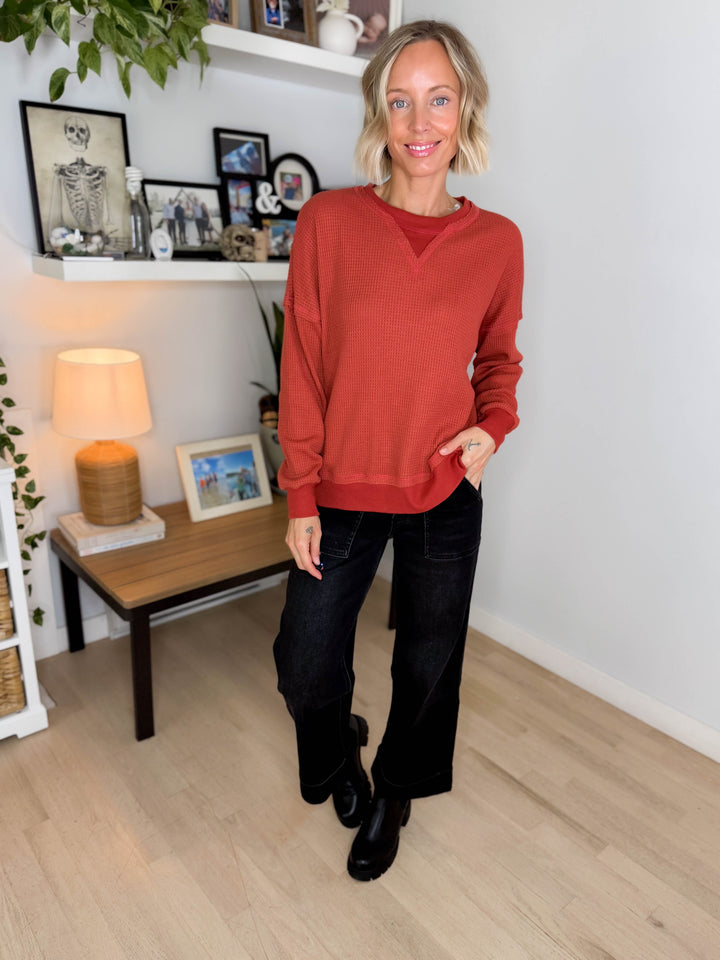 Flurry Raw Edge Long Sleeve Thermal Crew Neck- LIGHT RUST