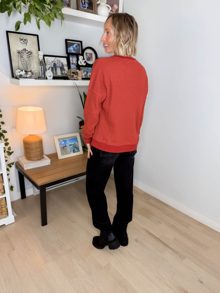 Flurry Raw Edge Long Sleeve Thermal Crew Neck- LIGHT RUST