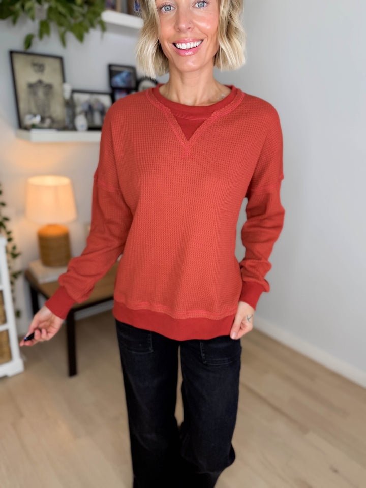 Flurry Raw Edge Long Sleeve Thermal Crew Neck- LIGHT RUST