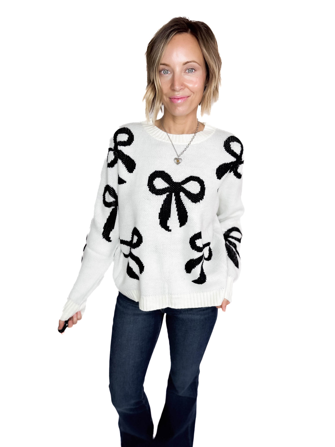 Holiday Bows Knit Sweater- CREAM