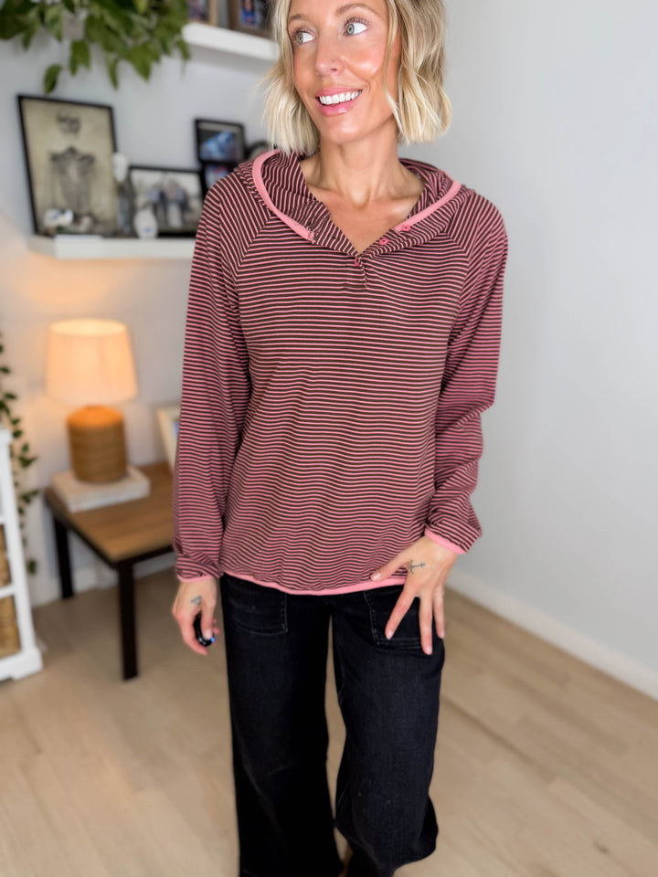 Aster Microfleece Hooded Henley Pullover- PINK BLUSH